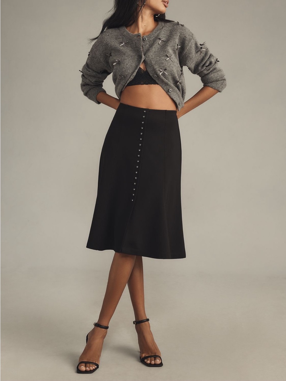 Anthropologie Black A-Line Midi Skirt with Front Stud Row